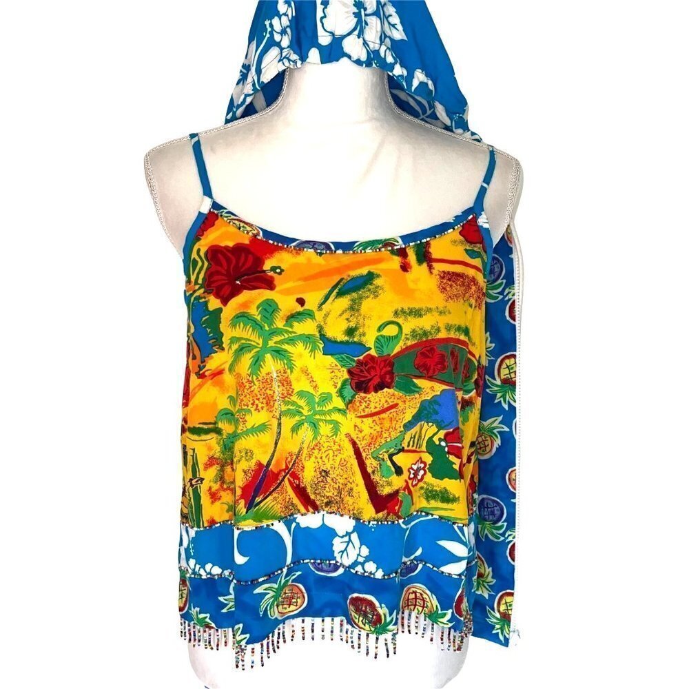 Surya Jacket Tank Top Set Medium M Womens Vintage Tropical Pattern Beaded Rayon - Picture 3 of 14